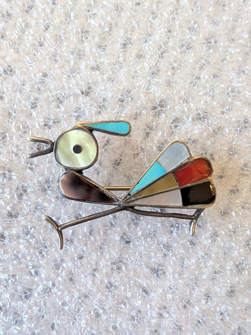 Native American Zuni Roadrunner Brooch Pendant Sterling Silver Multicolor stone
